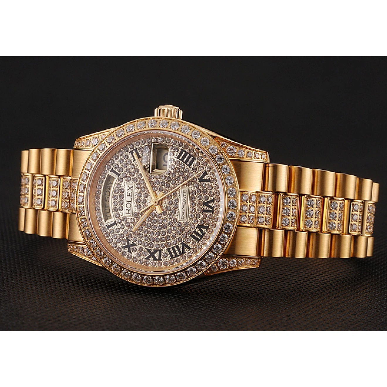 Good copy rolex watches Dial Bracelet Gold Diamond Rolex 1453956 Pave Swiss Diamond Day-Date 0814
